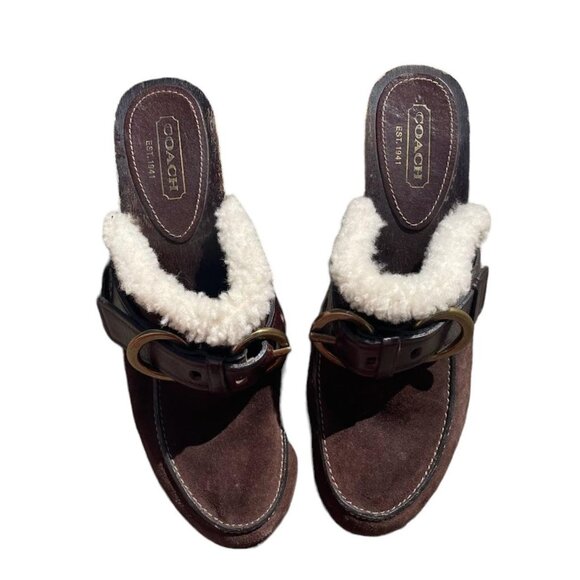 Vintage Coach Wooden Heeled Platform Faux Sherpa Lined Brown Clogs Size 8 - Picture 2 of 7